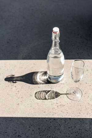 bottle of water and glass on sunny floor