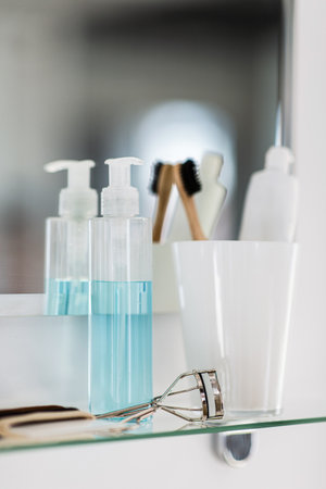 lotion, toothbrush and paste on mirror in bathroomの写真素材