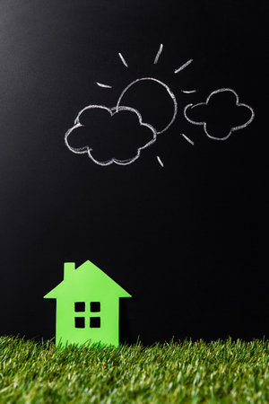 close up of green house on grass over blackの写真素材