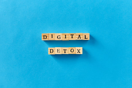 digital detox words made of toy blocks or stampsの写真素材