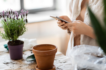 close up of woman with smartphone planting flowersの写真素材