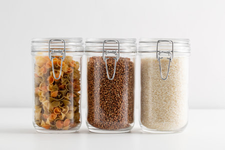 close up of jars with buckwheat, rice and pastaの写真素材