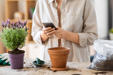 close up of woman with smartphone planting flowersの写真素材