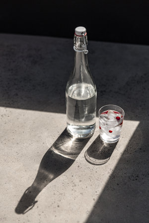 bottle of water and glass with ice and cranberriesの写真素材