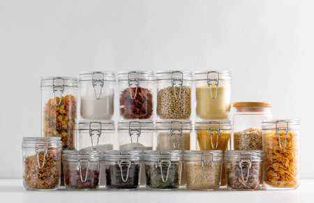 jars with cereals or groceries on tableの写真素材