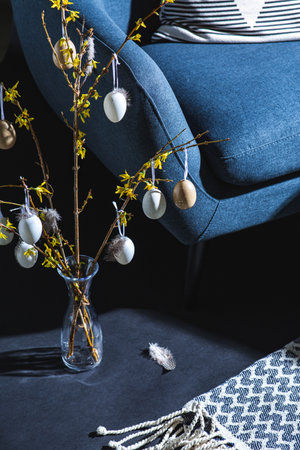 interior set for easter holidays in dark roomの写真素材