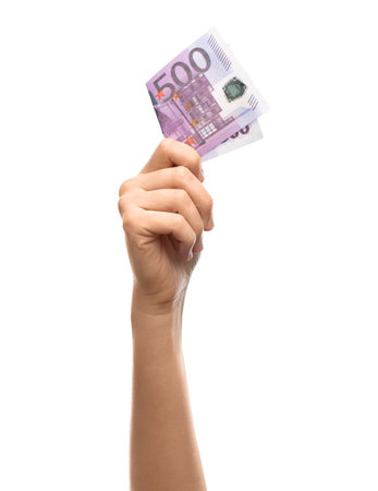 close up of hand holding 500 euro banknotesの写真素材