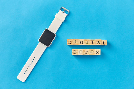 smart watch and digital detox words made of blocksの写真素材