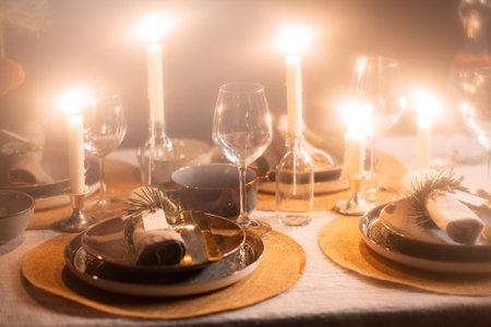 christmas dinner party table serving at homeの写真素材