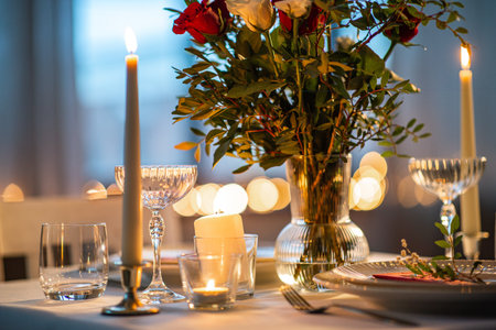 festive table serving at home on valentines dayの写真素材