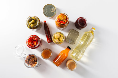 close up of different food and preserves on tableの写真素材