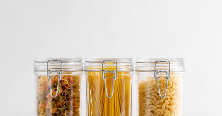 close up of jars with different pasta typesの写真素材