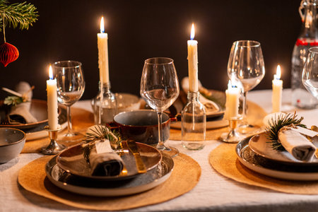 christmas dinner party table serving at homeの写真素材