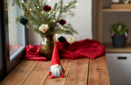 christmas gnome and fir branches on window sillの写真素材