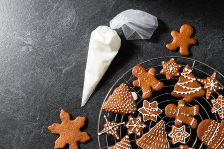 close up of gingerbread cookies and pastry bagの写真素材