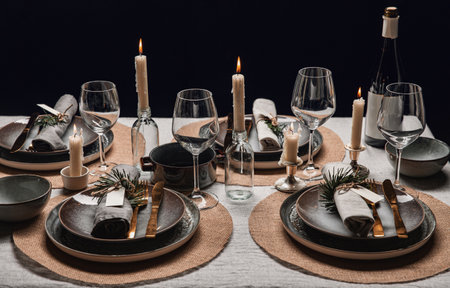 christmas dinner party table serving at homeの写真素材