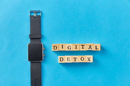 smart watch and digital detox words made of blocksの写真素材
