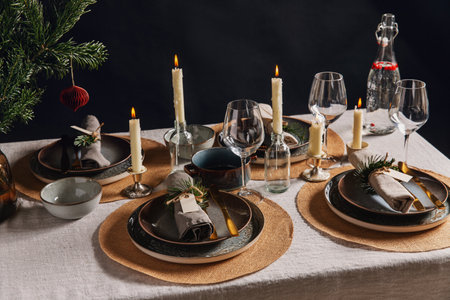 christmas dinner party table serving at homeの写真素材