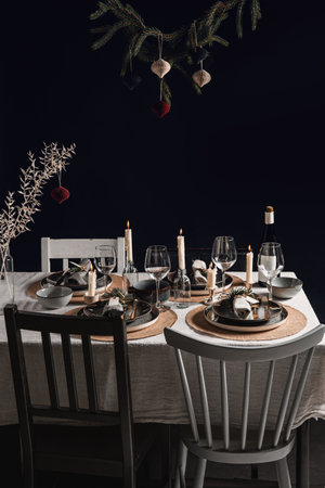 christmas dinner party table serving at homeの写真素材