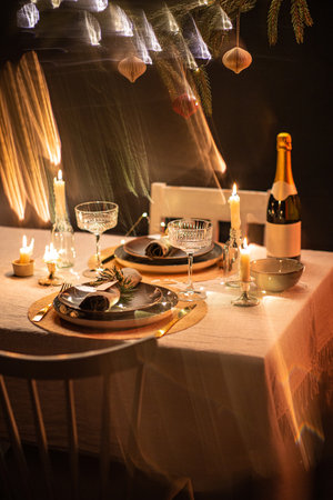 christmas dinner party table serving at homeの写真素材