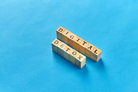 digital detox words made of toy blocks or stampsの写真素材