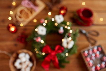 christmas wreath making stuff and decorationsの写真素材