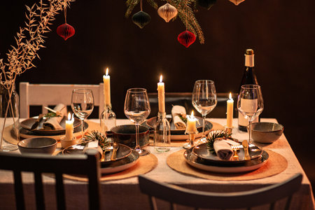 christmas dinner party table serving at homeの写真素材