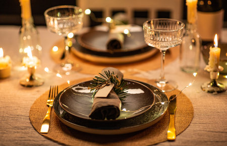 christmas dinner party table serving at homeの写真素材
