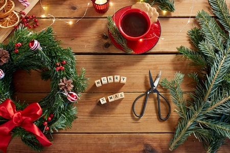 christmas wreath making stuff and decorationsの写真素材