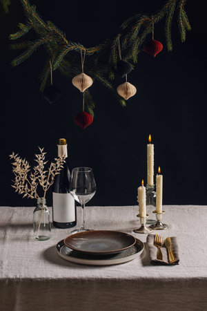 christmas dinner party table serving at homeの写真素材