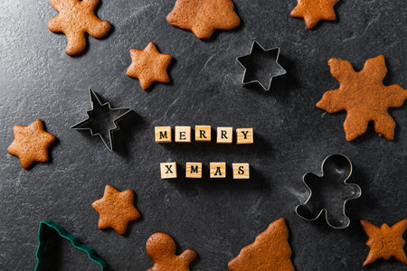 merry christmas greeting, gingerbread and moldsの写真素材