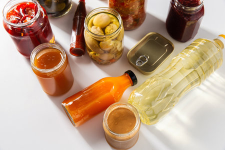 close up of different food and preserves on tableの写真素材