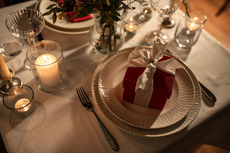 festive table serving at home on valentines dayの写真素材