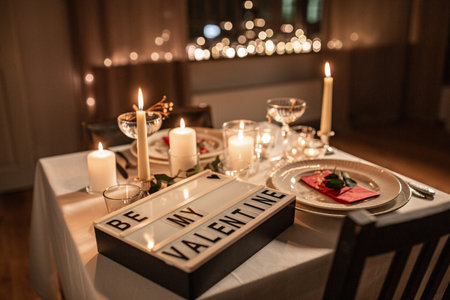festive table serving at home on valentines dayの写真素材