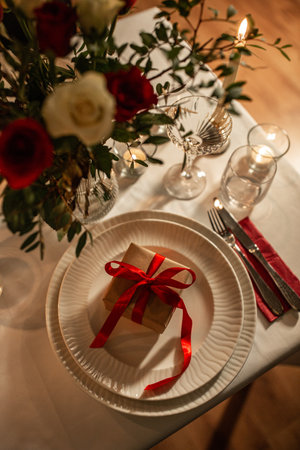 festive table serving at home on valentines dayの写真素材