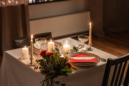 festive table serving at home on valentines dayの写真素材