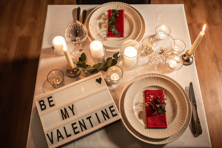 festive table serving at home on valentines dayの写真素材