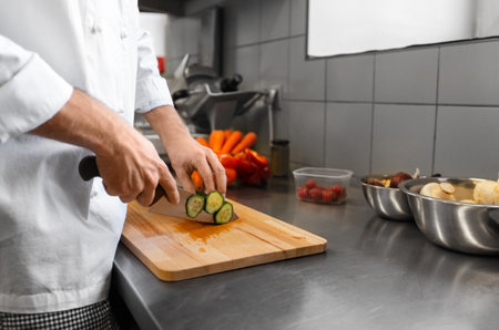 close up of chef cooking food on kitchenの写真素材