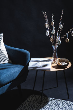 interior set for easter holidays in dark roomの写真素材