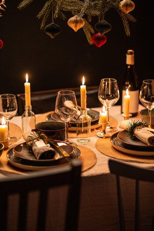 christmas dinner party table serving at homeの写真素材