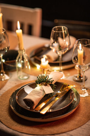 christmas dinner party table serving at homeの写真素材