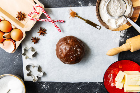 close up of gingerbread dough and ingredientsの写真素材