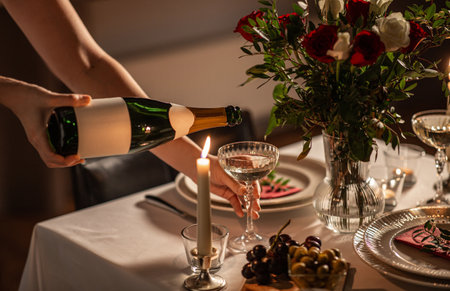 champagne pouring from bottle to glass on tableの写真素材