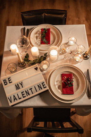 festive table serving at home on valentines dayの写真素材
