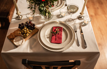 festive table serving at home on valentines dayの写真素材