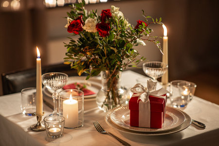 festive table serving at home on valentines dayの写真素材