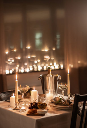 festive table serving at home on valentines dayの写真素材