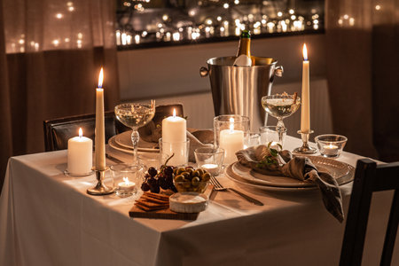 festive table serving at home on valentines dayの写真素材