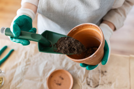 close up of woman planting pot flowers at home