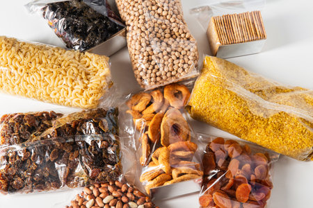 close up of dried fruits, cereals, pasta and nutsの写真素材